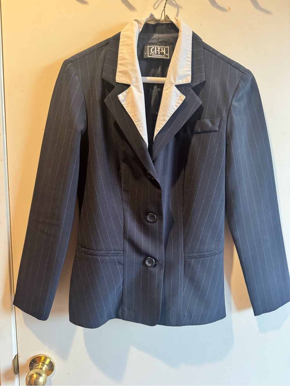 D BluePinstripe Suit with removable Collar. Size 4 L38”. Good Condition